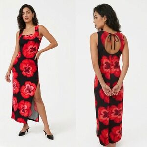 Vintage 90s Younique Large Floral Square Neck Keyhole Back High Slit Maxi Dress